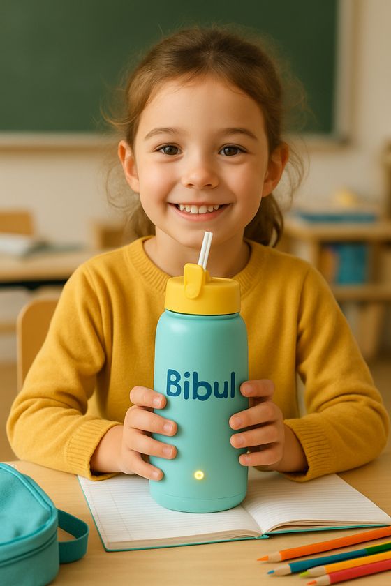 Enfant à l'école tenant sa gourde Bibul turquoise